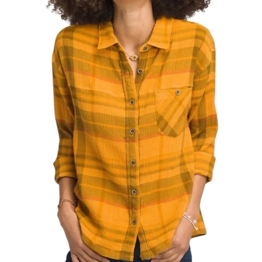 Prana yellow plaid button down shirt size small